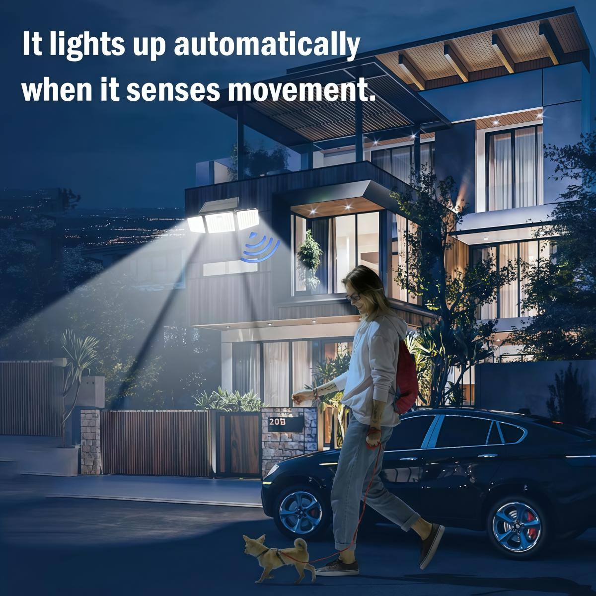 2 Packs LED Motion Sensor Solar Lights Outdoor IP65 Waterproof 3-Head Security Lights 2500-Lumen Floodlights Spotlights 270° Wide-Angle Lighting for Patios Garages and Gardens