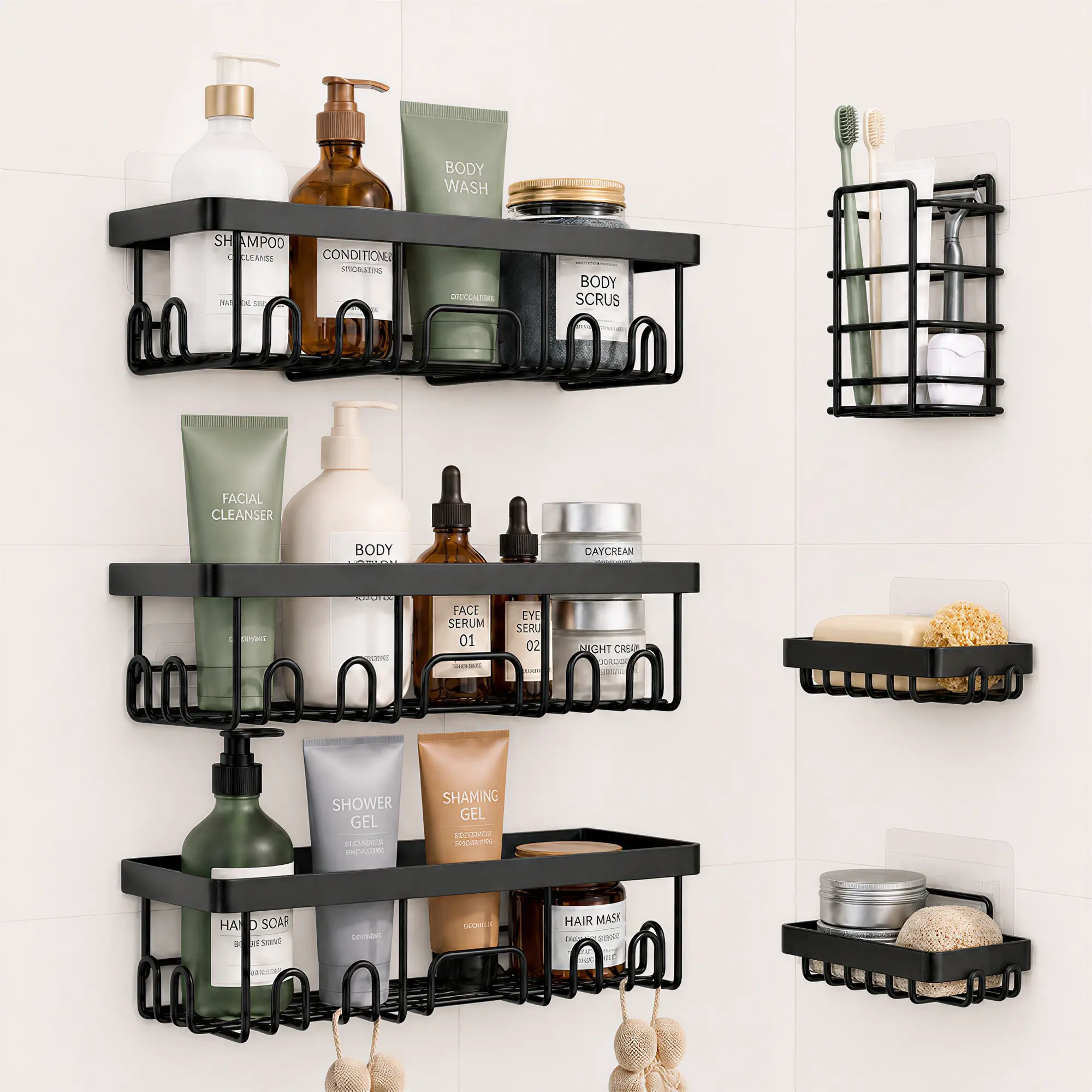 Modern Carbon Steel Wall Mount Shower Caddies Bundle (6-Pack & 5-Pack) - Rustproof, No-Drilling Adhesive Shelves with Soap Holder, Large-Capacity Bathroom Organization Storage Rack for Home Use