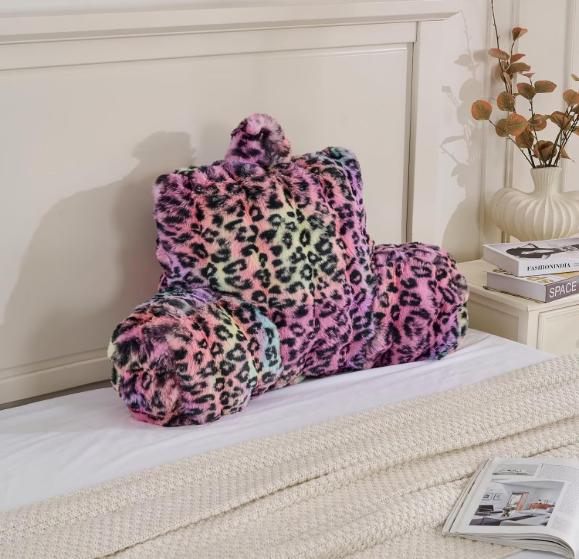 18in Velvet Bed Wedge Pillow - Adult Back Rest Support Cushion for Sitting Up in Bed/Couch, Leopard Brown Sleeping Pillow, Pillows