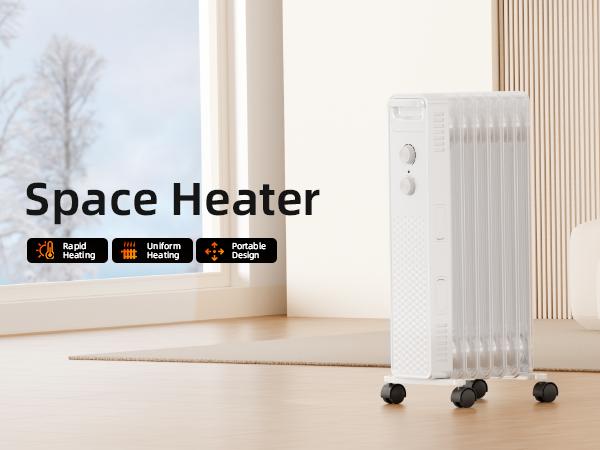 Electactic 1500W Oil Filled Heater, 7-Fin Portable Space Heater with Adjustable Thermostat, 3 Heat Settings, Tip-Over & Overheat Protection, Quiet Radiator for Bedroom, Office, Indoor Use