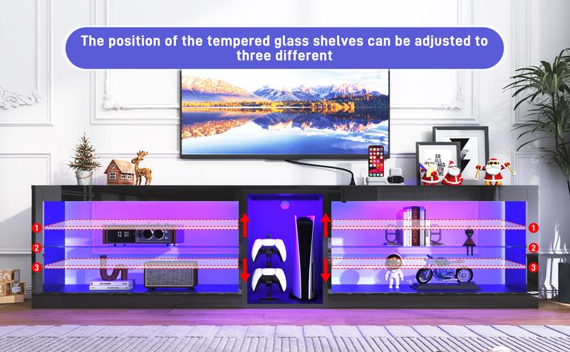 63 Inch LED TV Stand with Adjustable 60,000 Color LED Light/Outlet for 60, 65, 70 Inch TVs, Modern High Gloss Entertainment Center with Glass Shelf
