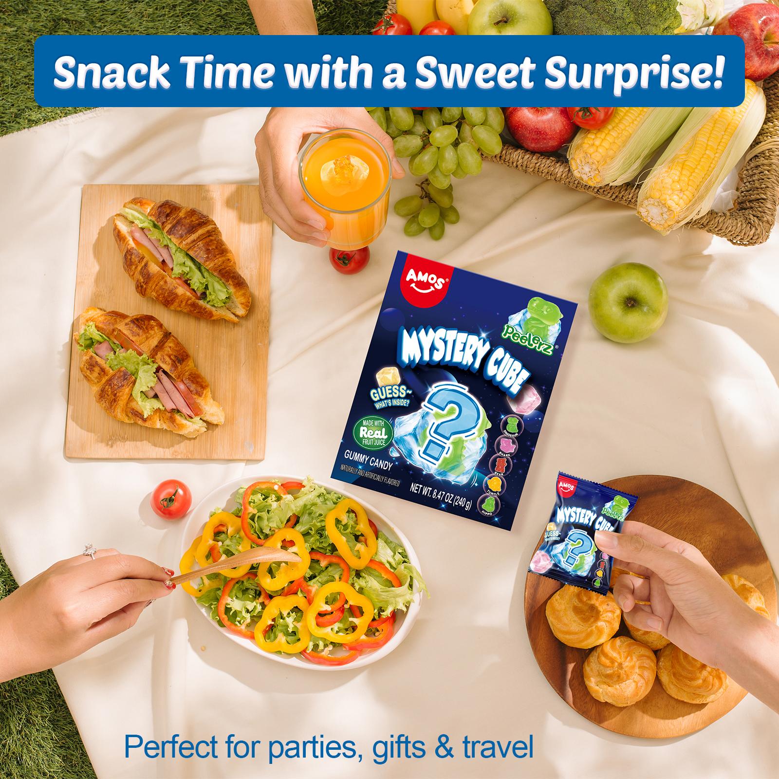 Amos-Peelerz Mystery Cube Gummy candy Peel and reveal Fruity snack Surprise inside Kid favorite Sweet fun exotic exotic snacks crystal candy