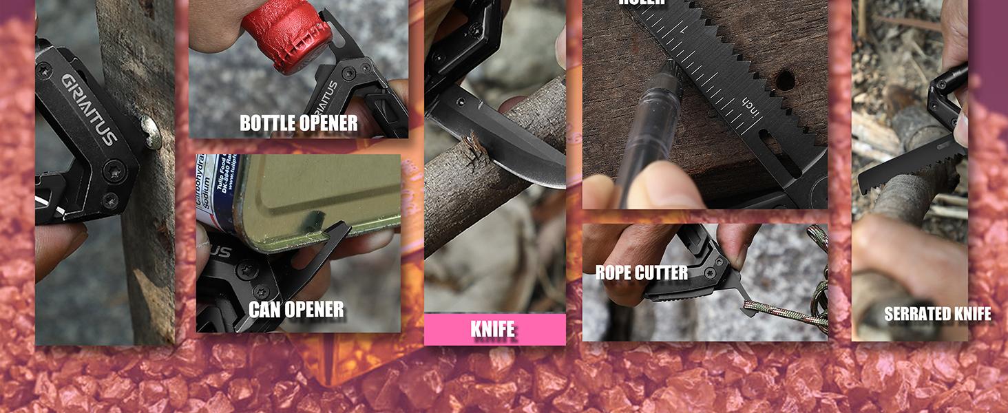 Multitool Carabiner with Pocket Knives, EDC Carabiners, Folding Serrated Knife, Can Bottle Opener, Rope Cutter, Screwdriver, Keychain Knife for Camping Hiking, Gifts for Women/Men (Pink)