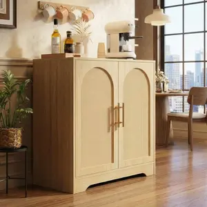 Wooden Storage Cabinet, Living Room Cabinet with 2 Rattan Doors, Rustic Storage Cabinet with Adjustable Shelf, Stable Structure, Sideboard/TV Stand for Kitchen, Living Room, Bedroom