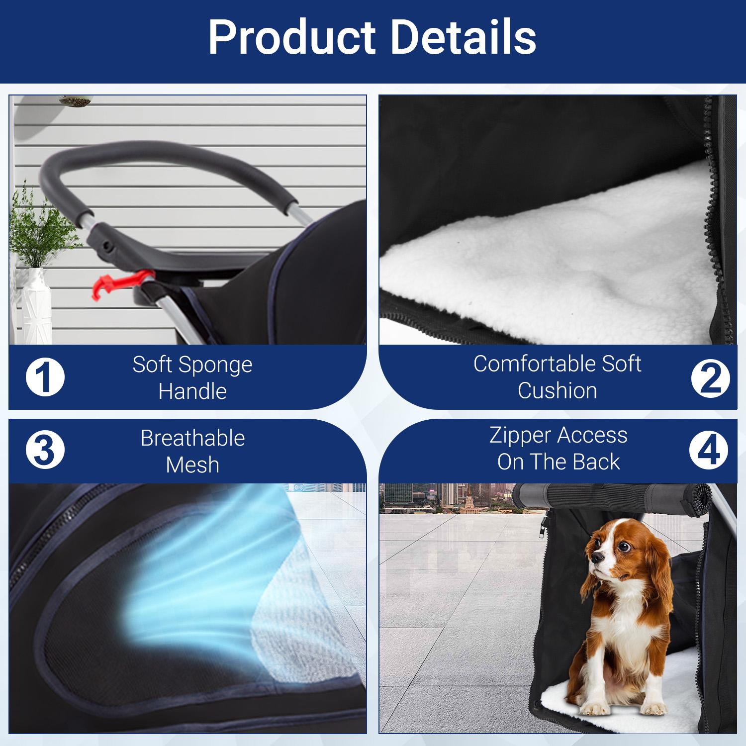 BestOffice 3/4 Wheels Pet Stroller for Cats & Dogs All Pets Up to 25lbs Foldable Travel Carrier Safety Leash & Mesh Windows Lightweight Jogger Stroller with Storage Basket