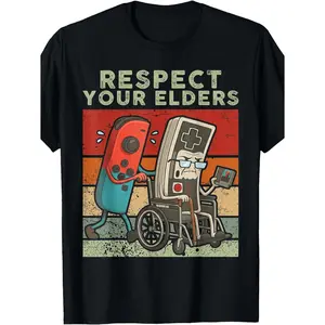 Retro Gaming Funny Gamer Controller T Shirt Show Respect Your Elders Casual Comfortable All Season Crew Neck Vintage Style Heat Transfer Print Ideal for Fashion Enthusiasts