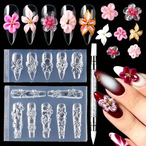 2PCS 3D Flower Nail Art Silicone Mold Set - Floral Cherry,Sakura,Lily 3dnailart Templates with Dual-Ended Carving Pen for Versatile Creation,Brush,Handle,Nail Care Tools for Salon Gel Manicure