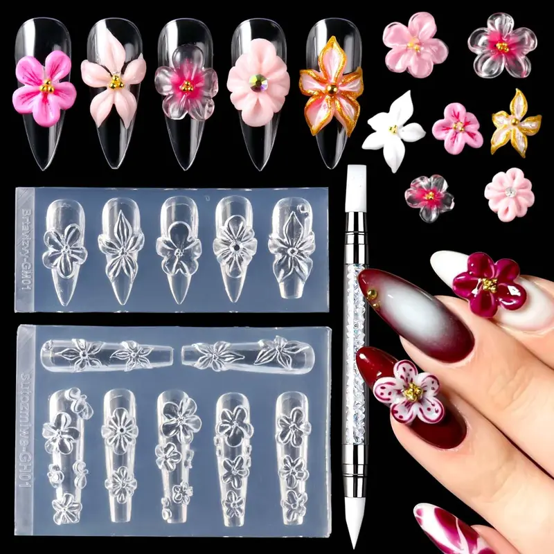 2PCS 3D Flower Nail Art Silicone Mold Set - Floral Cherry,Sakura,Lily 3dnailart Templates with Dual-Ended Carving Pen for Versatile Creation,Brush,Handle,Nail Care Tools for Salon Gel Manicure