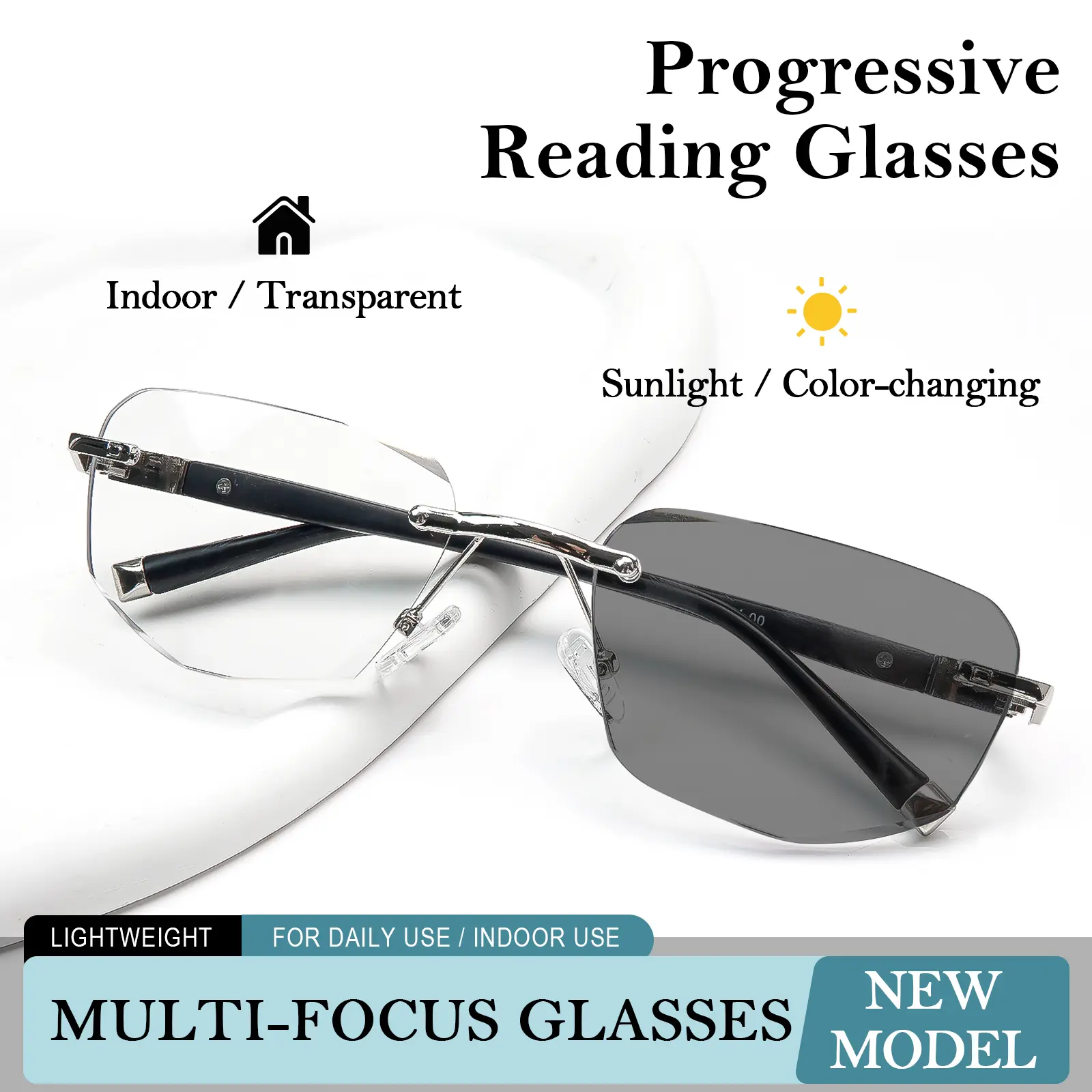 2 Pack Progressive Multifocal Photochromic Reading Glasses for Men and Women, Rimless Lightweight Readers with Light Adaptive Lens for Indoor Outdoor Use