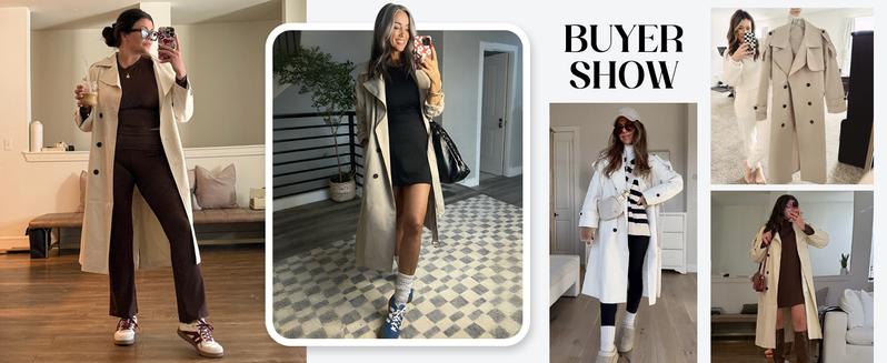 【Valentine Gifts】TANKANEO Womens Oversized Long Trench Coat Double Breasted Lapel Windproof Overcoat with Belt Jacket