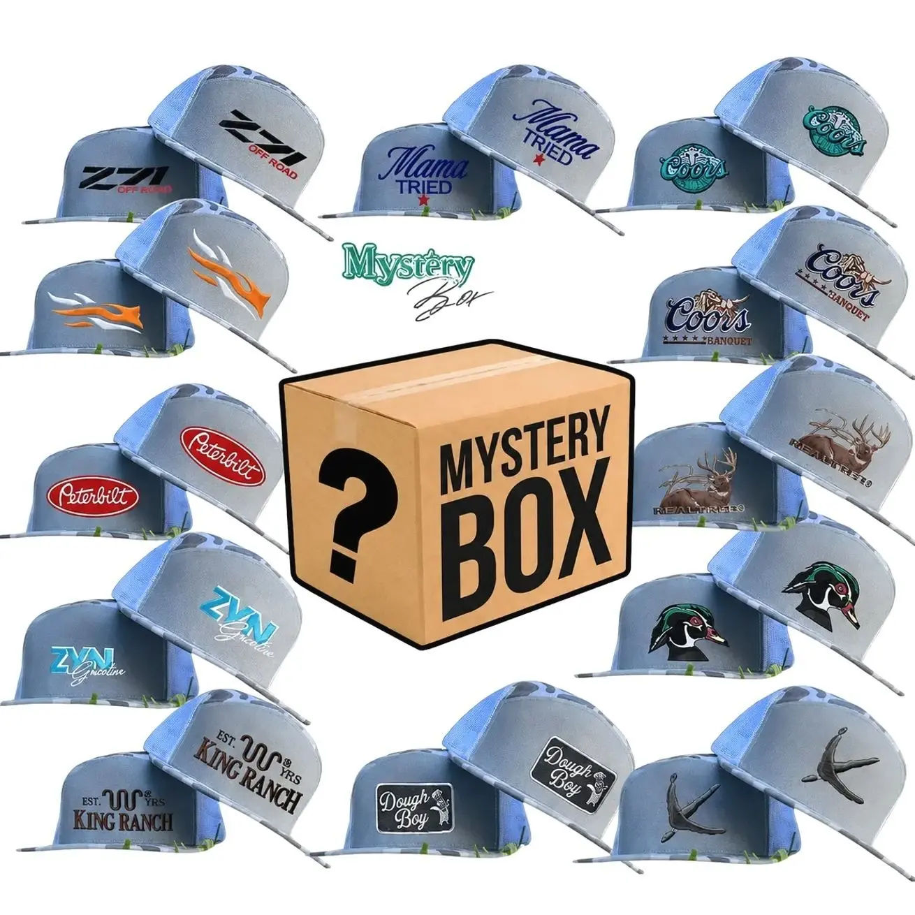 MYSTERY BOXMama Tried Zyn KING RANCH SITKA Turkey Tracks Mallard Duck Black Lab The Bedded Buck Dough Boy Camo Embroidered SnapBack Hat - Unisex Baseball Cap, Casual Style, Perfect Birthday Gift