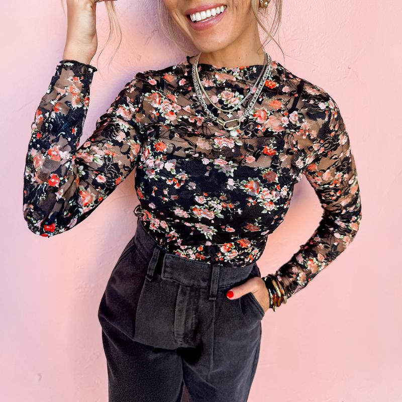 Znacicc Women's Super Chic Checkered Mesh Mock Neck  Winteroutfit Long Sleeve Top - Chic Shirt for Women - Womenswear