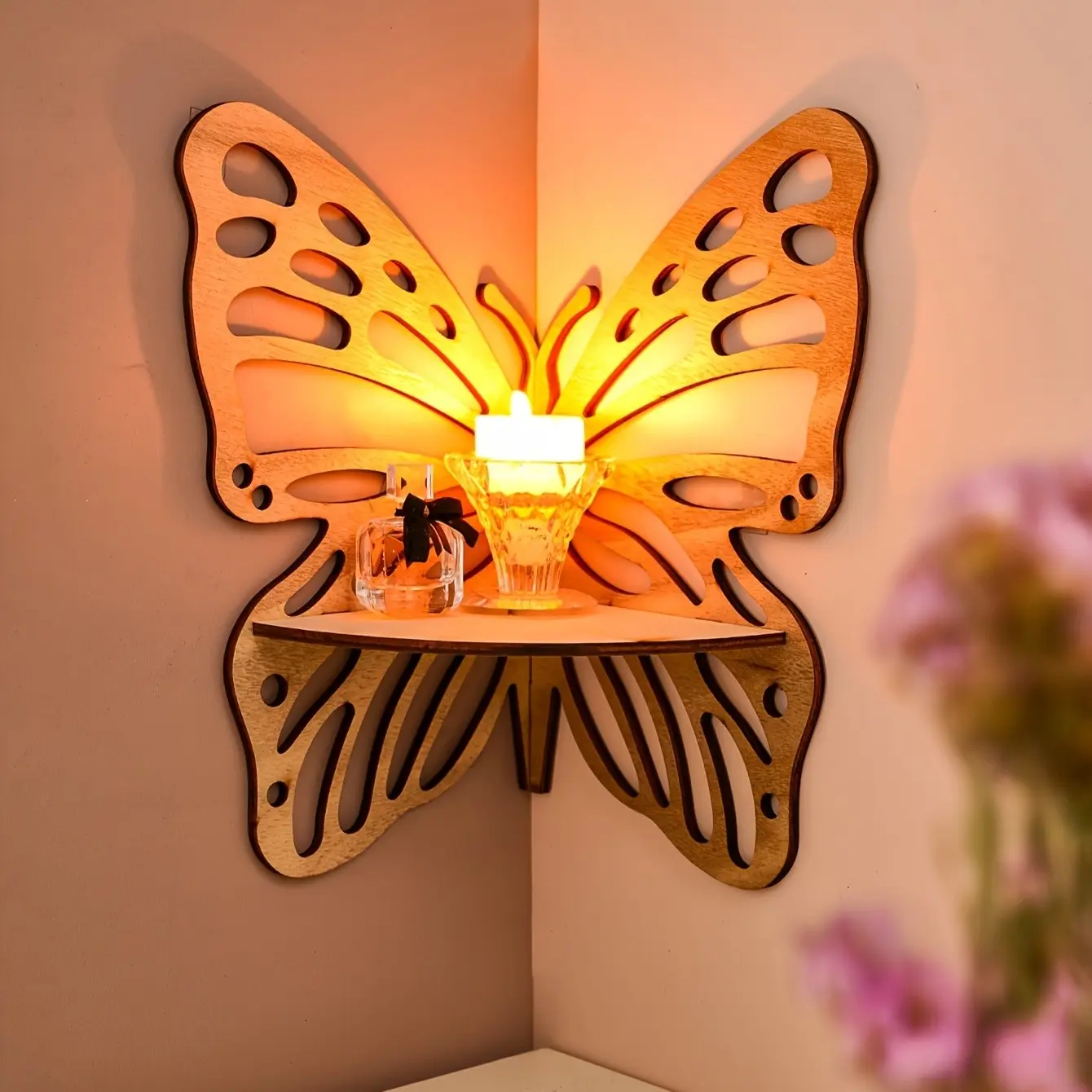 Creative Wooden Butterfly Hollow Wall Corner Shelf, Right Angle Decorative Wall Rack, Home Decoration Wall Ornament, Wall Mounted Shelf, Room Decor, Decoration Items, Shelf for Wall