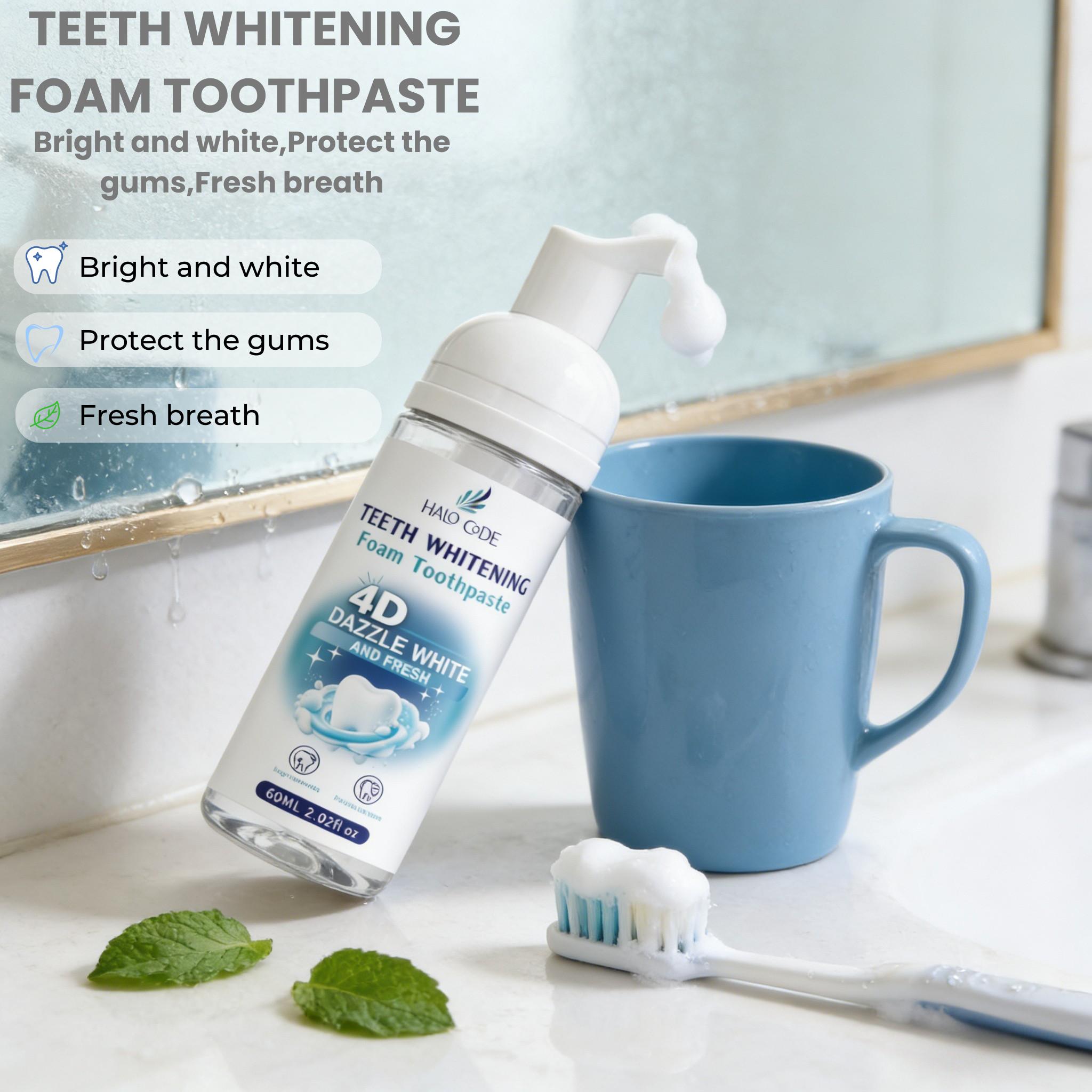 Halo Code 4D Dazzle White Foam Toothpaste,Get Whiter Teeth in Just 7 Days! Whitening, Sensitivity Relief & Fresh Breath All-in-One! natural oral health gentle mint snow removal cleaning improves xylitol strips care