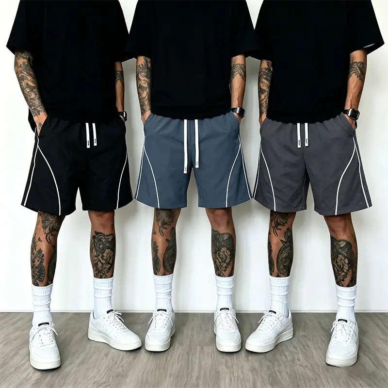 Men's Casual Shorts, Quick Dry Athletic Shorts, Workout Gym Shorts, Streetwear Shorts with White Piping, Elastic Waist Drawstring Shorts, Loose Fit Running Shorts, Summer Beach Shorts, Basketball Shorts for Men