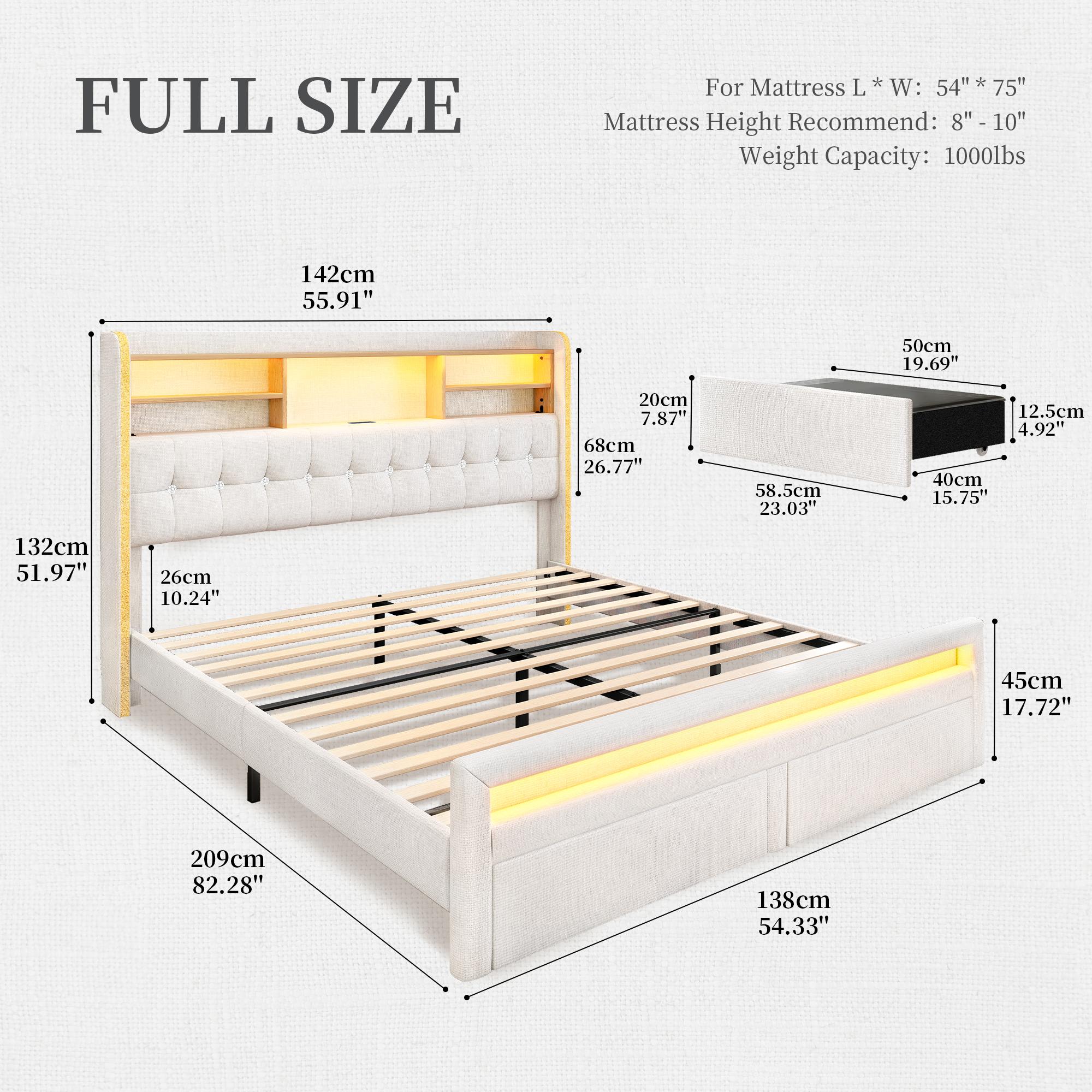 California King Bed Frame with Bookcase Storage Headboard and 2 Drawers, 52" Ultra-High LED Bedframe with Charging Station, Linen Upholstered Crystal Button Tufted Wingback Beds with Footboard,Black/White/Cream/Gray