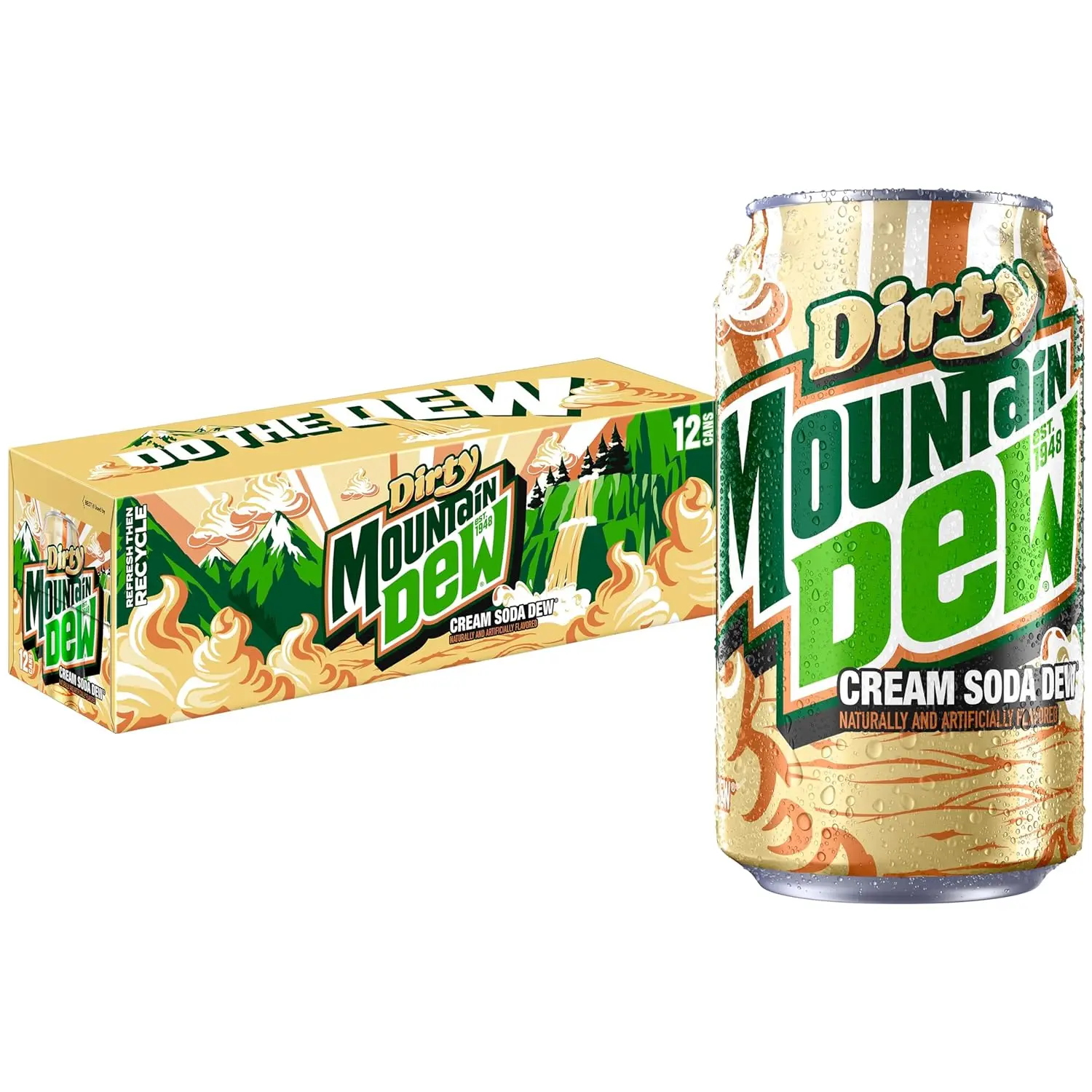 Mountain Dew Soda Pop, Dirty Mountain Dew, Cream Soda Dew, 12 fl oz Cans, (12 Pack)