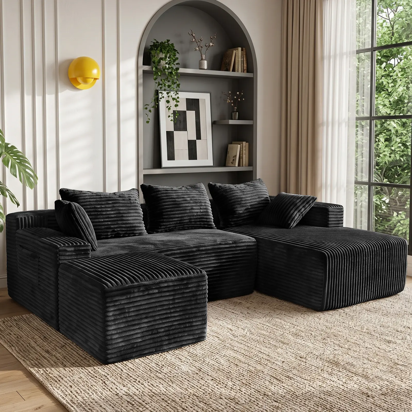 94.5'' Boneless Couch for Living Room, Oversized U Shaped Modular Cloud Sofa with Deep Seat, Ergonomic Memory Foam Sleeper Chair, Comfy Fluffy Corduroy Sectional Couches, No Assembly, Grey