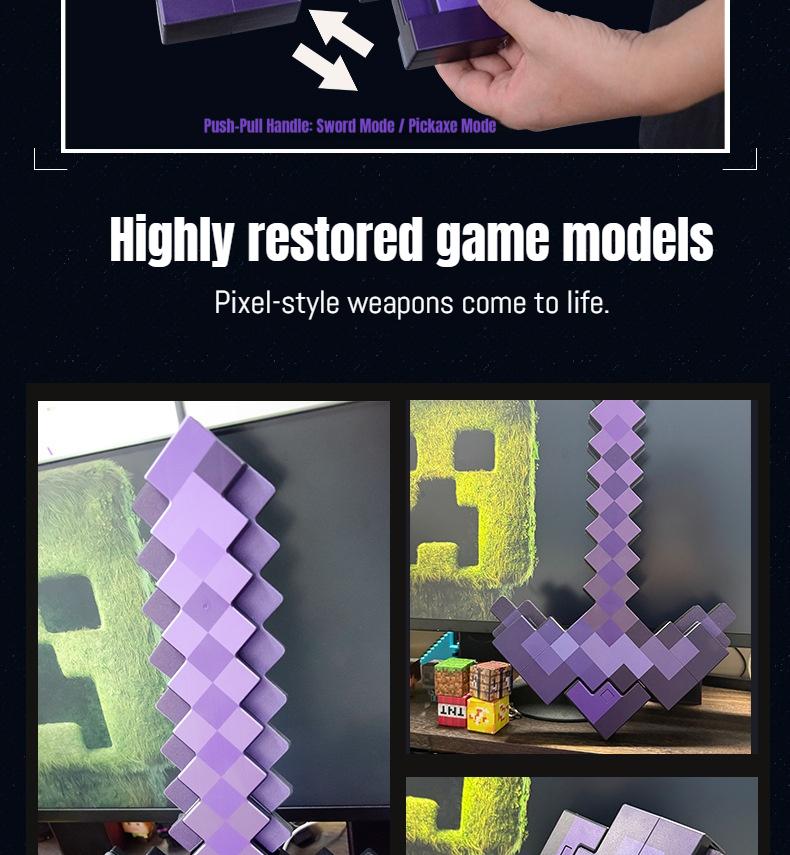 2 in 1 Sword & Pickaxe Transforming Toy with Game-Inspired Light & Sound Effects for Kids Colorful Telescopic Lightsaber