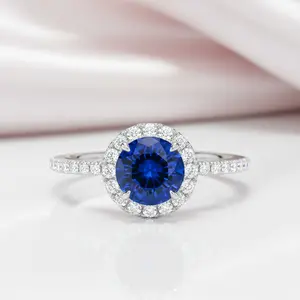 Classic Halo Round Cut Blue Sapphire Engagement Ring