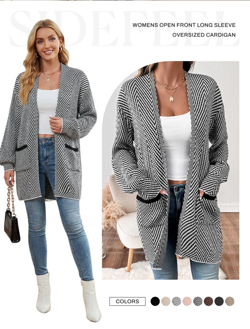 Sidefeel Womens 2026 Spring Outfits Long Sleeve Open Front Striped Cardigan Sweaters Chevron Chunky Knit Sweaters Coat