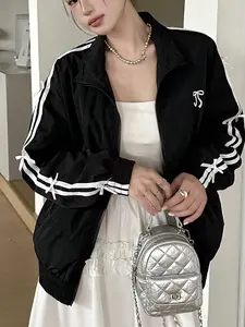 Women's Black Balletcore Ribbon Bow Jacket, Romantic Coquette Style Track Jacket with Cute Bow Decor, Fashion Versatile Loose Casual Woven Blouse, All-Season Lightweight Windbreaker, Trendy Ribbon Sleeve Aesthetic Streetwear, Spring Summer Autumn Winter