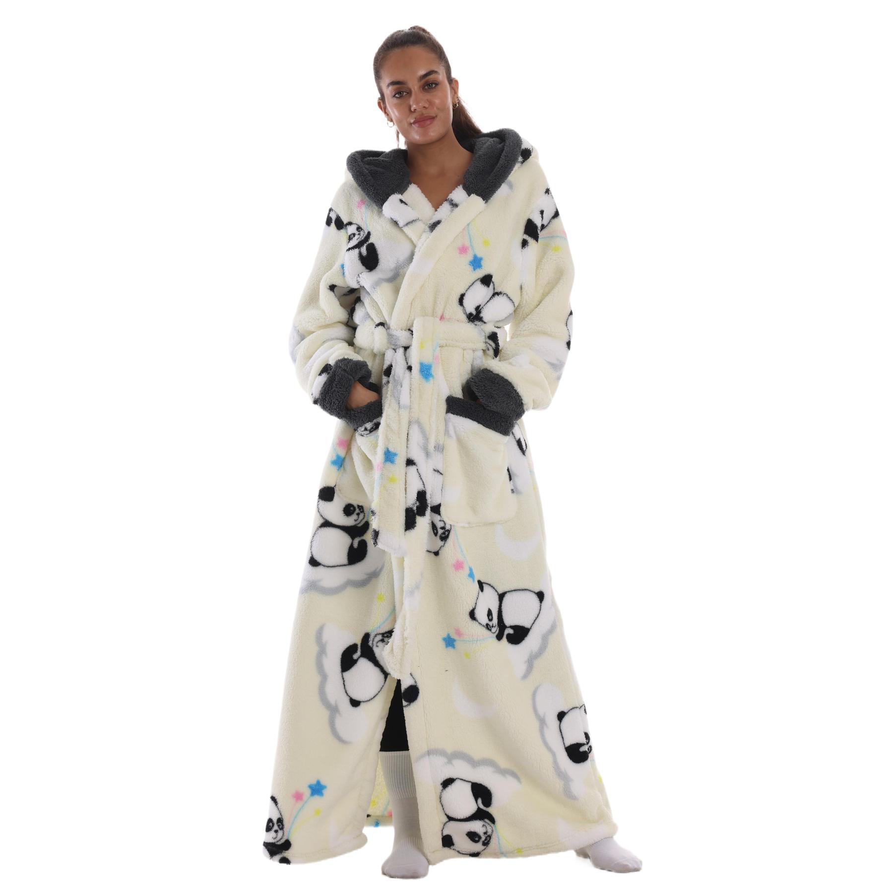 Msrlassn 1Pcs Cozy Soft Bathrobe Flannel Lined Hooded Robe for Women , Thickened Long Sleeve Pyjamas Cute Print Home Loungewear Sleepwear Gowns
