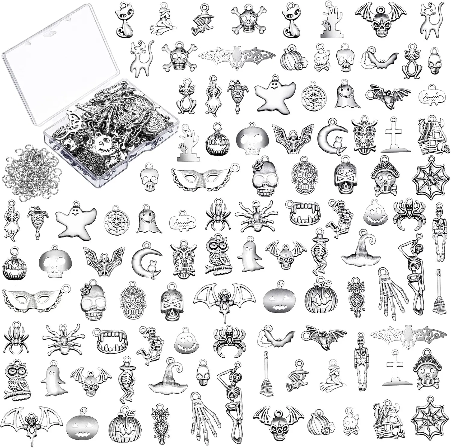104 Halloween Charms Pendants Antique Silver Pendants Halloween Jewelry Making Accessory Open Jump Rings Skeleton Jewelry Earring Charms Goth Skull Beads for DIY Necklace Bracelet