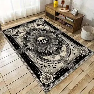 Dark Academia Gothic Style Rug Black & White Skull Pattern Machine Washable Non-Slip Short-Pile Indoor Rug for Entryways Living Rooms Kitchens Bedrooms