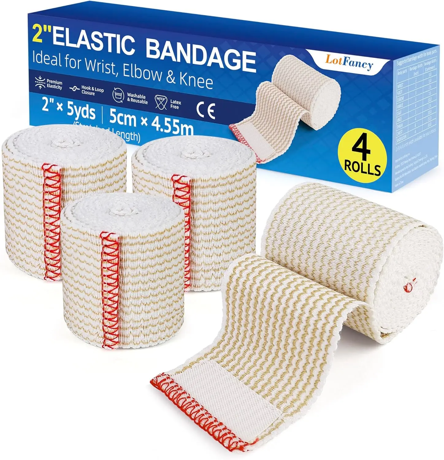 LotFancy Elastic Bandage Wrap 2 Inch, 4 Pack Cotton Latex Free Compression Wrap for Injury Athletics, Hook & Loop Fasteners at Both Ends, Reusable Stretchy Bandage for Ankle, Foot, Wrist, Hand, Body