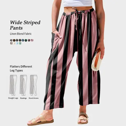 TARSE Womens Linen Blend Wide Striped  Wide Leg  Pants Casual Comfy Oversized Loose Fit Trousers with Pockets