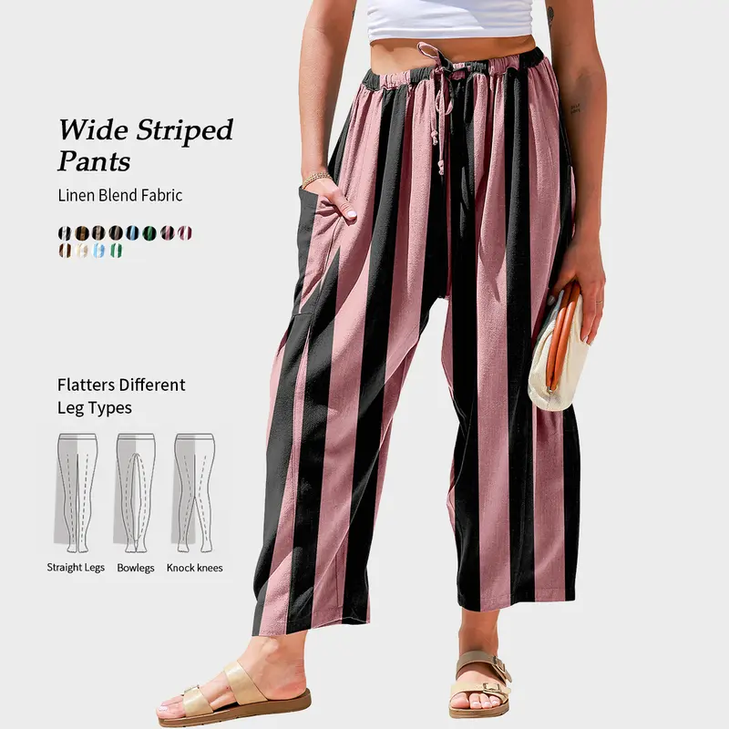TARSE Womens Linen Blend Wide Striped  Wide Leg  Pants Casual Comfy Oversized Loose Fit Trousers with Pockets