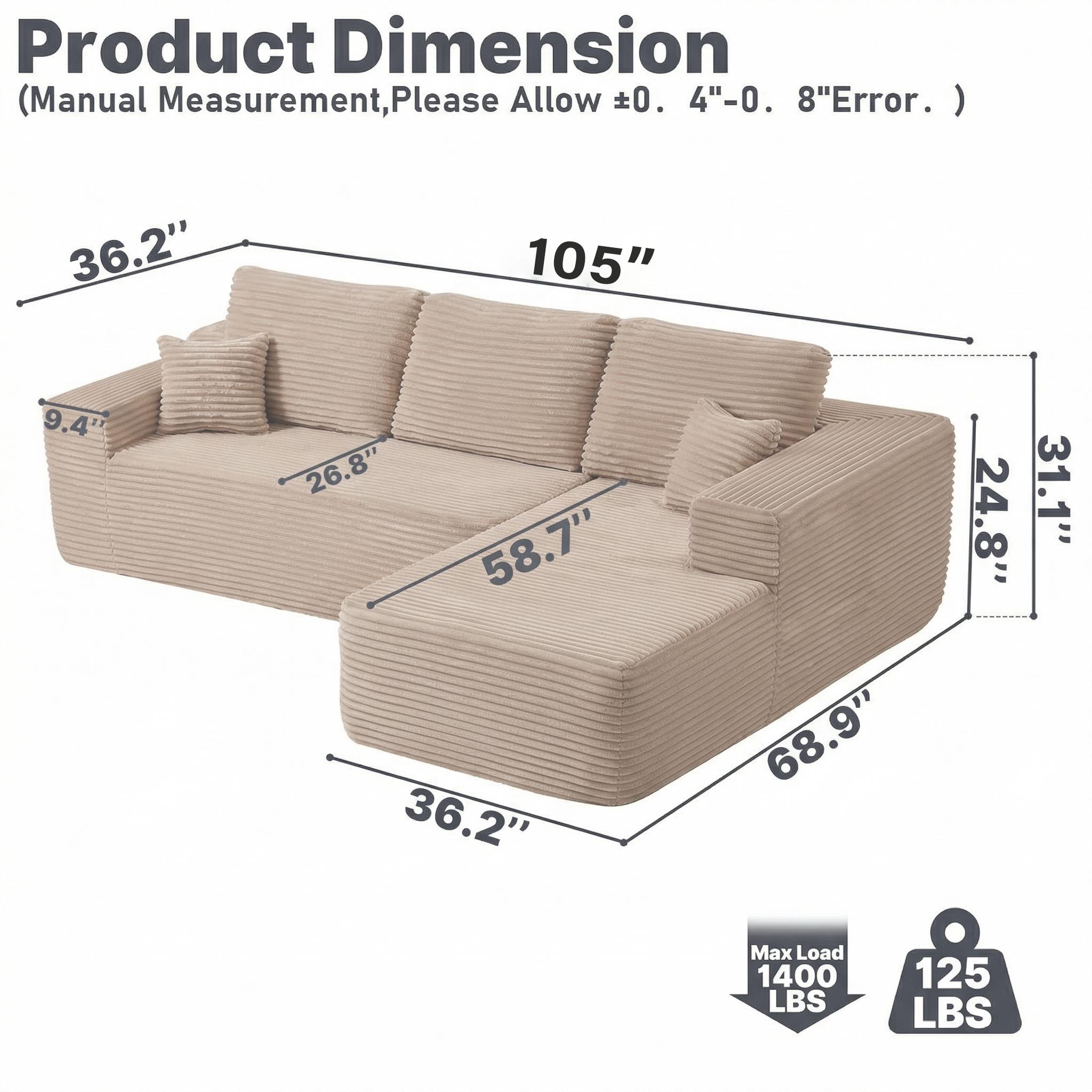 96.9" Cloud Sectional Sofa with L-Shape Chaise and Side Pockets , bonelesscouches compression  bed ,Modern Modular Design, Deep Seating, Upholstered  for Living Room/Bedroom, No Assembly Required (Corduroy Fabric), Left-facing