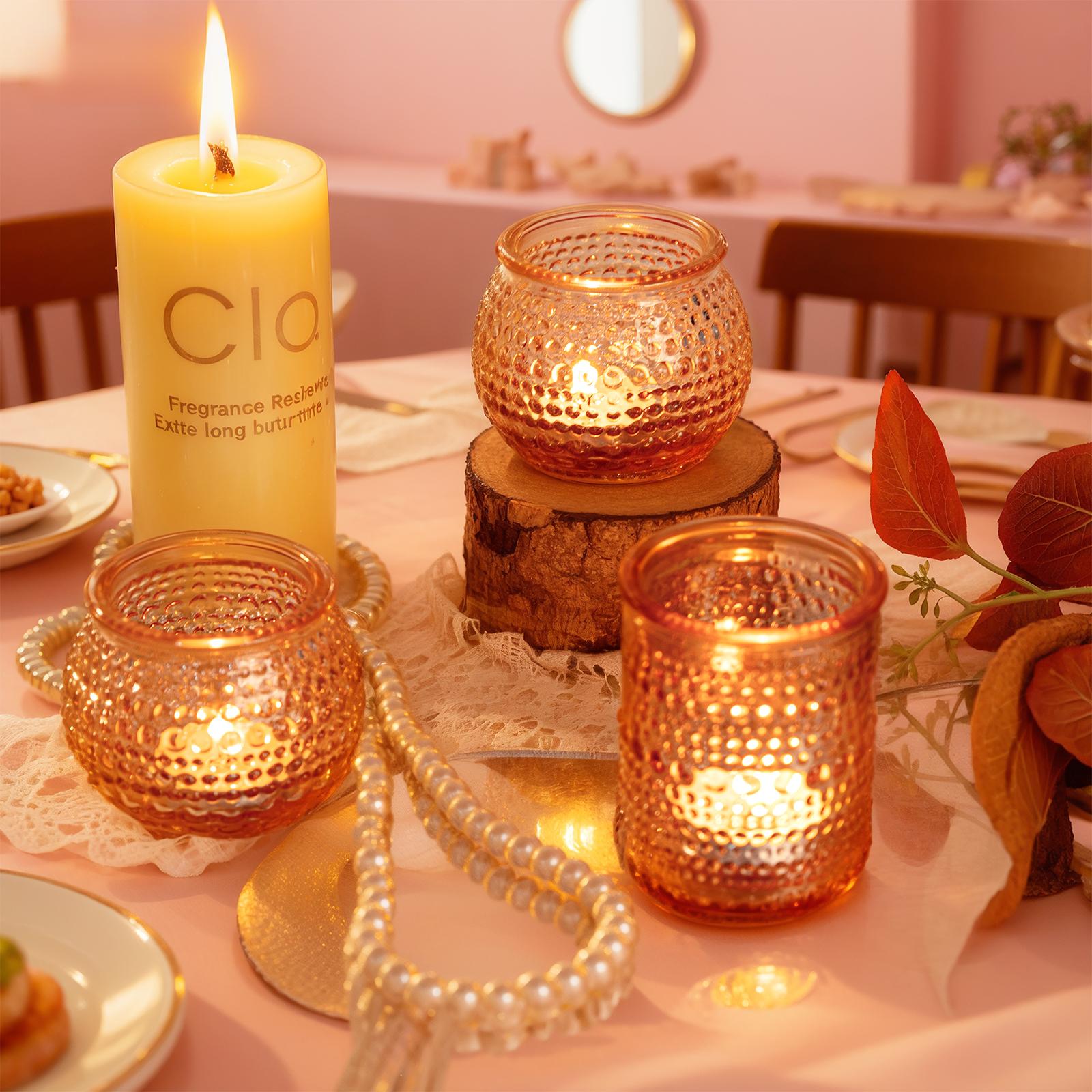 A Set of 24 Clear/ Blue/ Amber/ Green/ Pink/ Gold＆Purple Candle Holders of Varying Heights, Perfect for Wedding and Home Dining Table Decorations