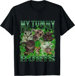 St Patrick's Day 100% Cotton Funny Cat Meme T-Shirt for Women & Men Humorous Design Perfect for Casual Wear My Tummy Hurts But It’s St Paddy’s