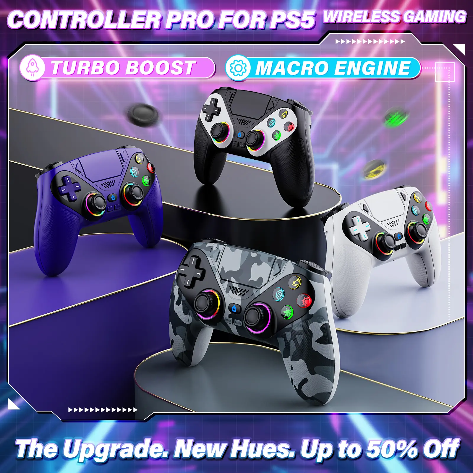Wireless Game Controller Pro for PS5 - RGB LED Light, Dual Vibration, Motion Sensing, Programmable Buttons, 1000mAh Fast-Charging Rechargeable Portable Handheld Controller, Playstation 5 Accessories, Stick-Compatible, Rechargeable Portable Controller