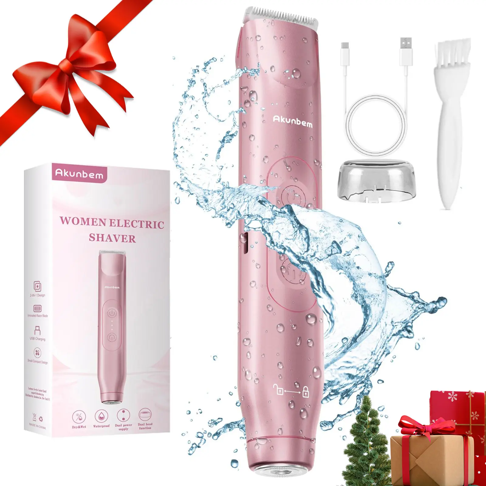 Akunbem Bikini Trimmer for Women, Electric Shaver and Razor Rechargeable 2-in-1 Body and Facial Epilator, Dual Heads for Painless Trimming of Pubic Hair, Face, Underarms and Legs, IPX7 Waterproof. Christmas Gift New Year Gift Shaving Grooming tiktokshopba
