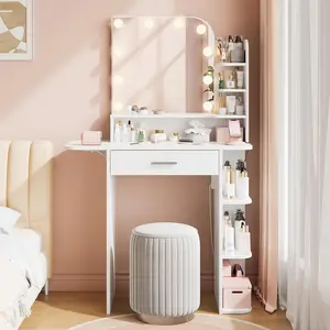 34.25" White Lighted Makeup Vanity | Power Outlet + 3 Lighting Modes  | Lighted Vanity Desk with Mirror | Foldable Shelf + 6 Storage + Large Drawer