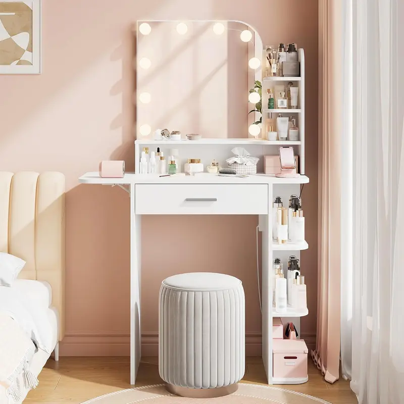 34.25" White Lighted Makeup Vanity | Power Outlet + 3 Lighting Modes  | Lighted Vanity Desk with Mirror | Foldable Shelf + 6 Storage + Large Drawer