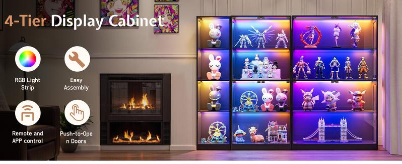 VanAcc Display Cabinet with RGB Lights, 4-Tier Storage Display Case for Collectibles, Adjustable Shelves, MDF and Tempered Glass, Black