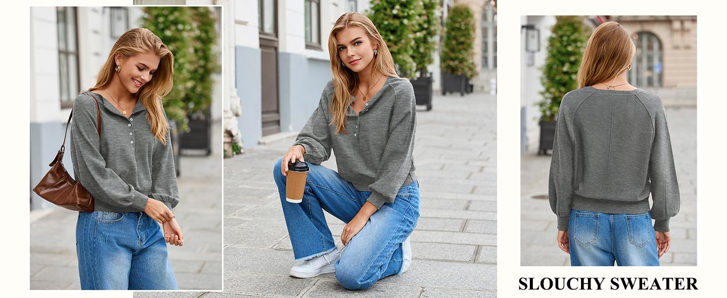 WoodBerry Women's Long Sleeve Sweater Tops Half Button Down Knitted Pullover Henley Neckline Casual Lightweight Solid Knitwear for Work Travel Outfits
