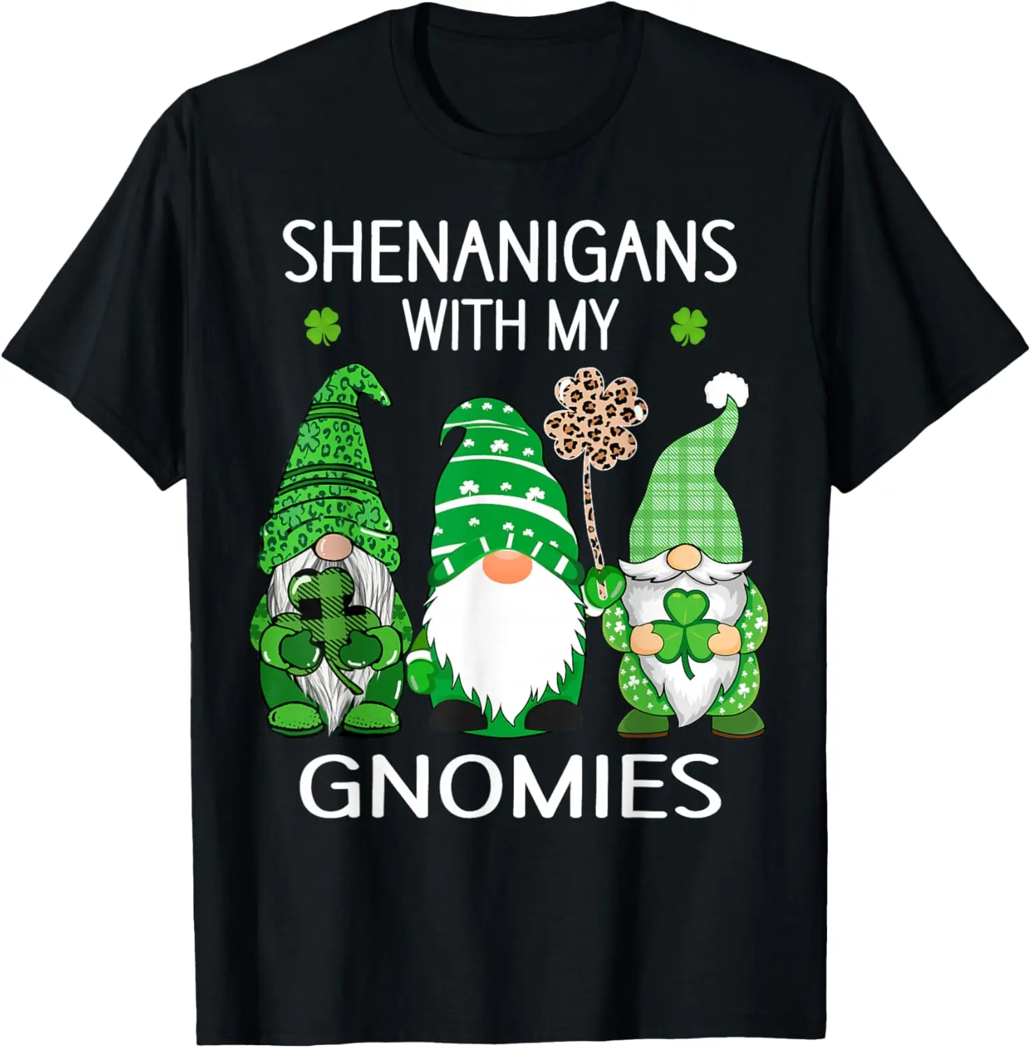 St Patricks Day Lucky Shamrock Leopard Gnomes Irish Women T-Shirt Casual Black