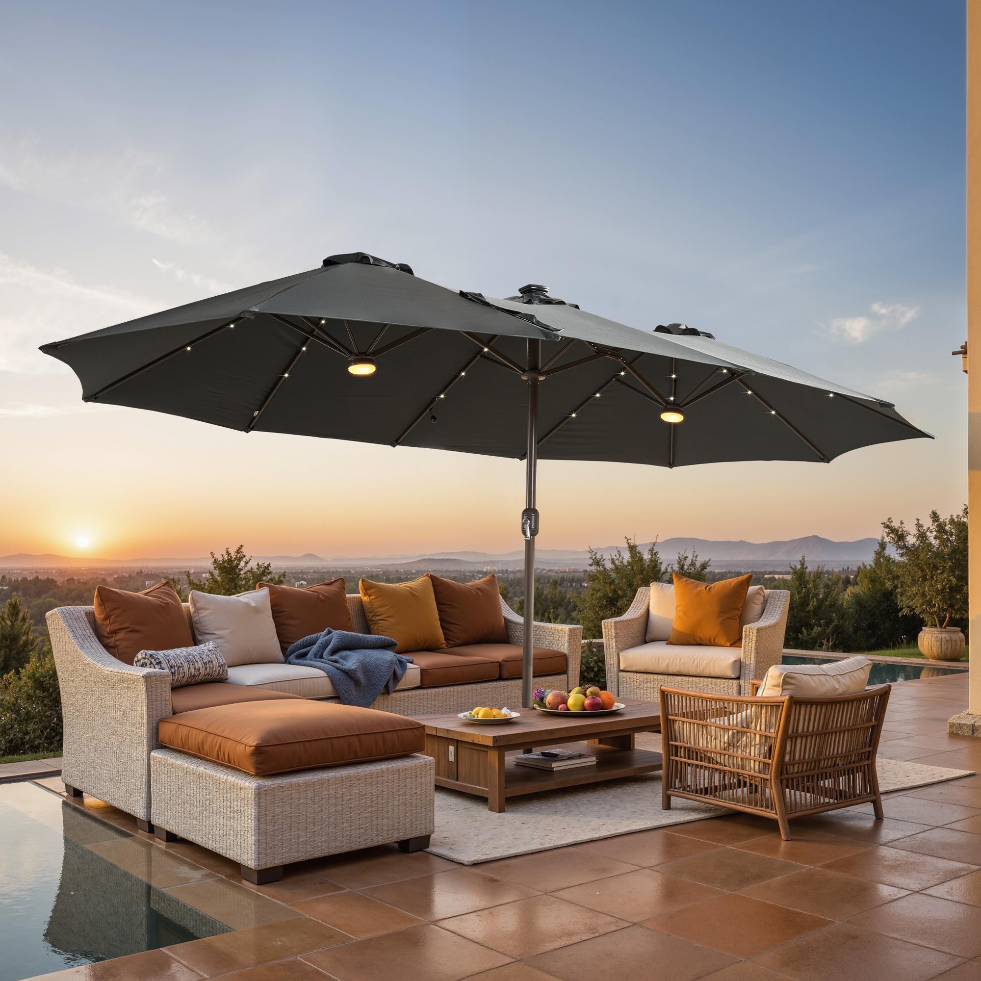 【Rainbow Lighted Umbrella & Table】Ovios 15ft Double-Sided Patio Umbrella with Solar Lights & Umbrella Hold Table, Outdoor Large Umbrellas with Crank Handle and 36 LED Lights, Rectangular Market Umbrella with Base Included for Deck Pool Shade