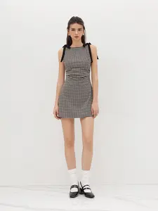 Cider Round Neckline Gingham Bowknot Ruched Mini Dress
