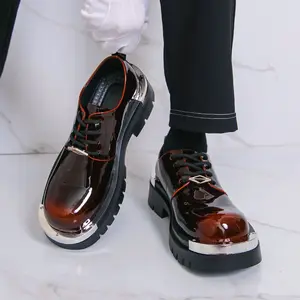 Men's Chunky Sole Oxford Shoes Glossy Patent Leather Dress Shoes with Metal Toe Cap Lace Up Platform Footwear for Party Streetwear Prom Height Increasing Punk Style Derby Shoes