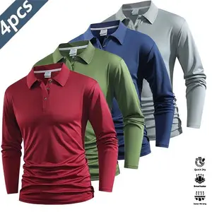 Men’s Quick-Dry Long-Sleeve Polo Shirt Set of 4 with Contrasting Trim Design – Golf & Tennis Sports Tops, Essential for Casual Business Commuting