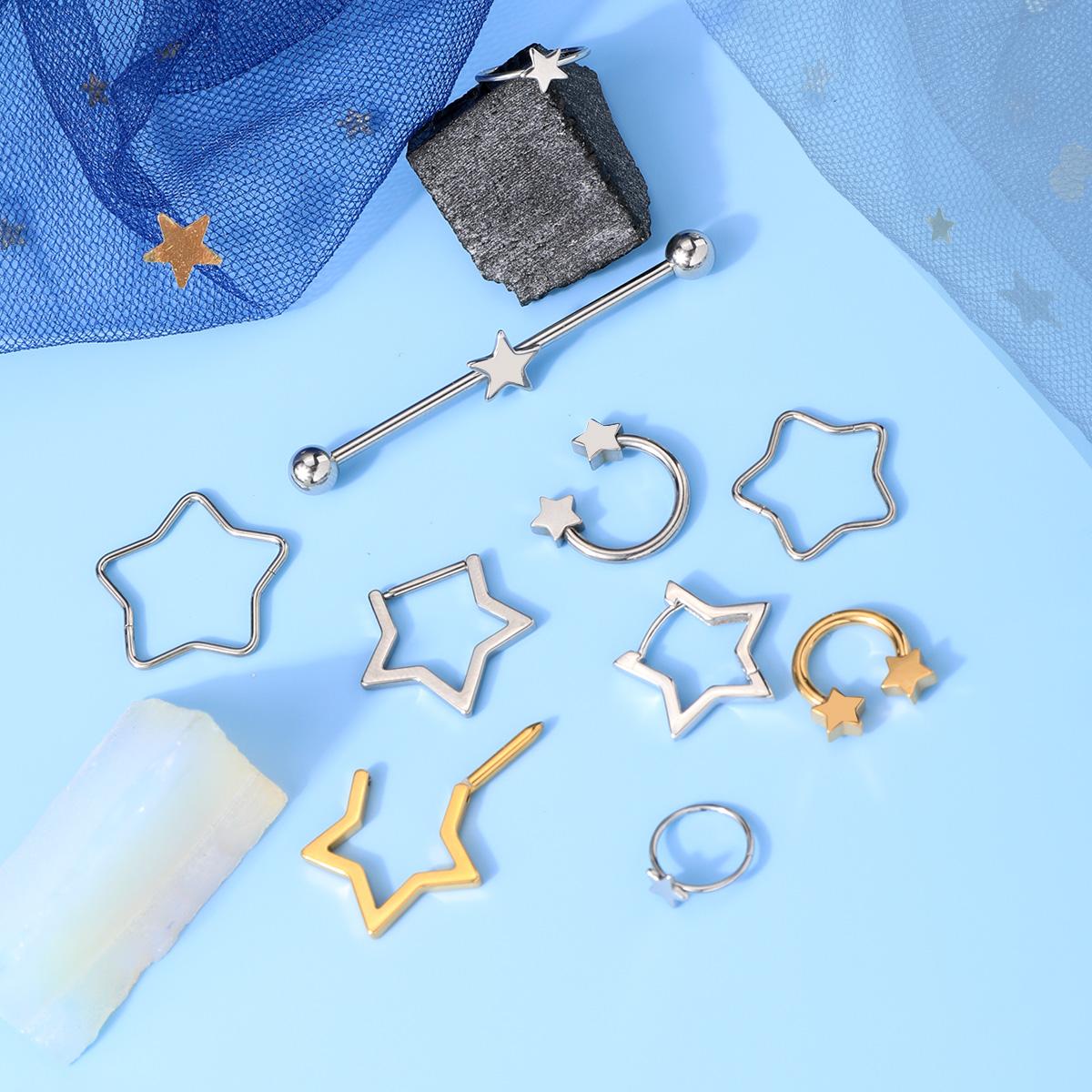 Oufer 16G/14G Titanium Chunky Star Clicker Nose Septum Daith Piercing Ring in Silver Gold Black 8mm Inner Diameter Basic Versatile Design Comfortable Safe for Daily Wear