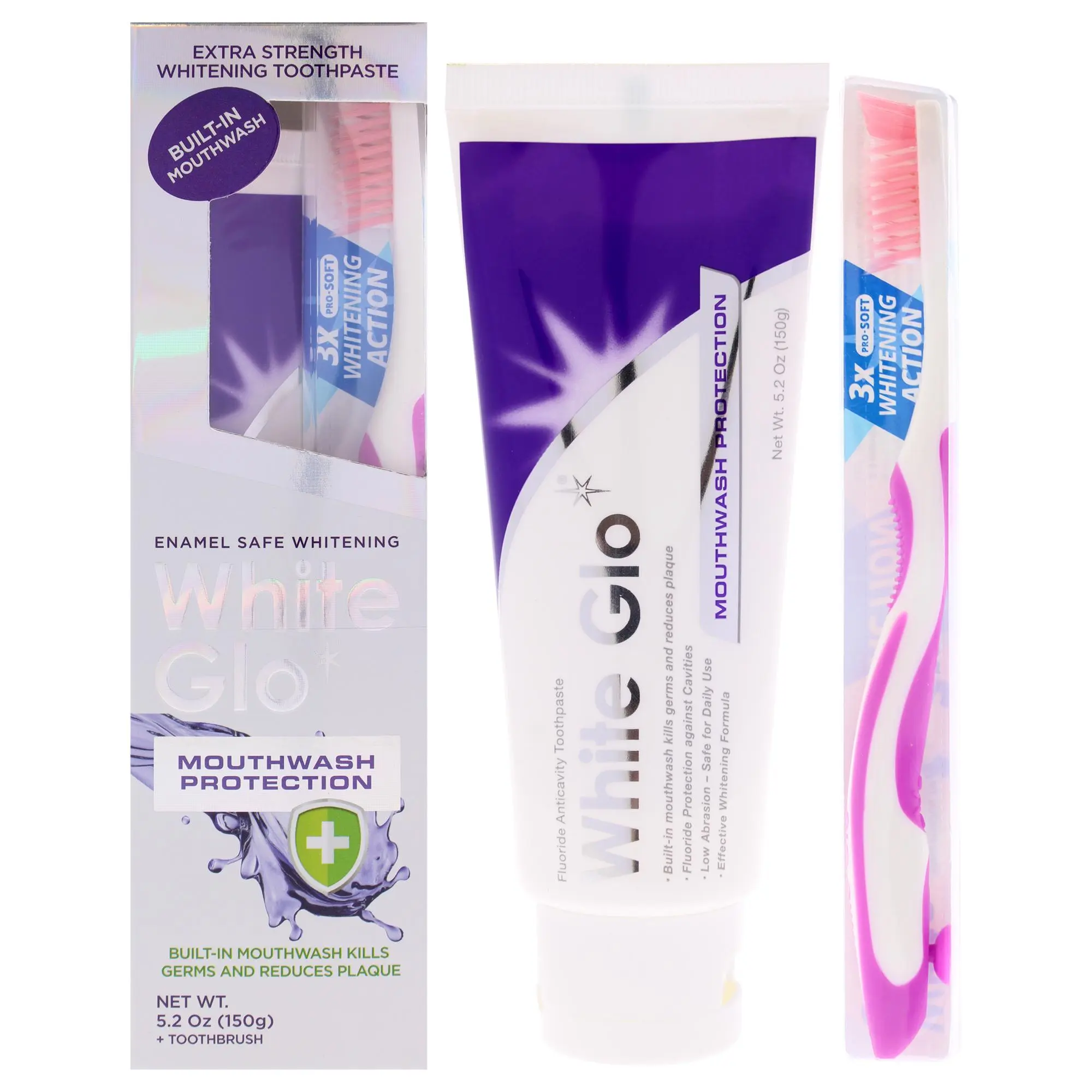 Unisex White Glo Dental Hygienist Oral Care Set Pack - 2-Pc Kit Including 5.2oz Toothpaste, Toothbrush, and Mouthwash Protection