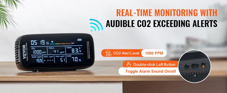 VEVOR Air Quality Monitor 9-IN-1, Professional PM2.5 PM10 PM1.0 Particle Counter, CO2, Temperature, Humidity, Formaldehyde TVOC AQI Tester, for Indoor/Outdoor, Air Quality Meter w/Alarm Thresholds