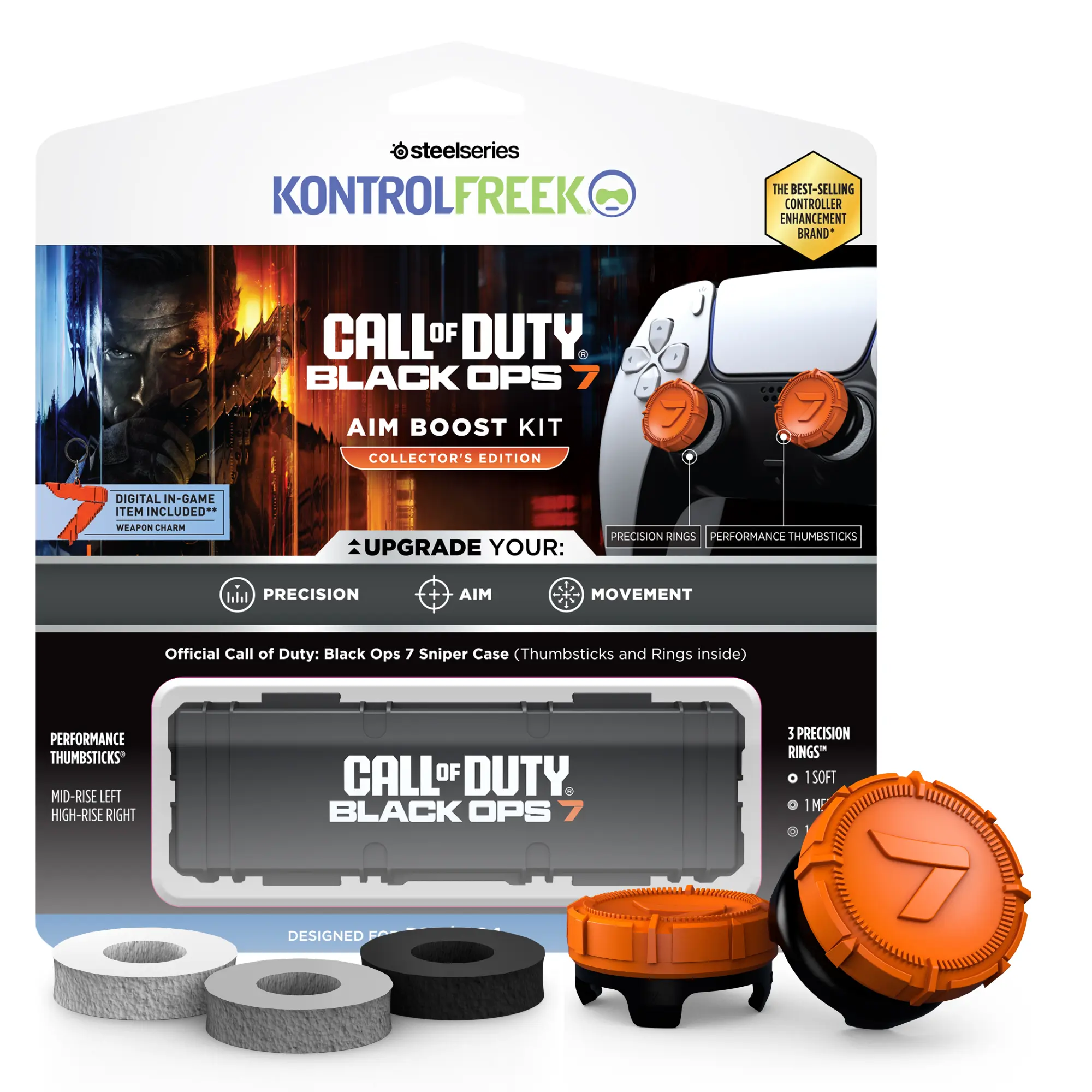 KontrolFreek Call of Duty: Black Ops 7 Aim Boost Kit - Collector’s Ed. Rubber Top Stick Grip Accessories, Mixed-Rise Performance Thumbsticks, Precision Rings, Charm for PS4/PS5 Orange & Black Controllers, Zombies Mode Compatibility